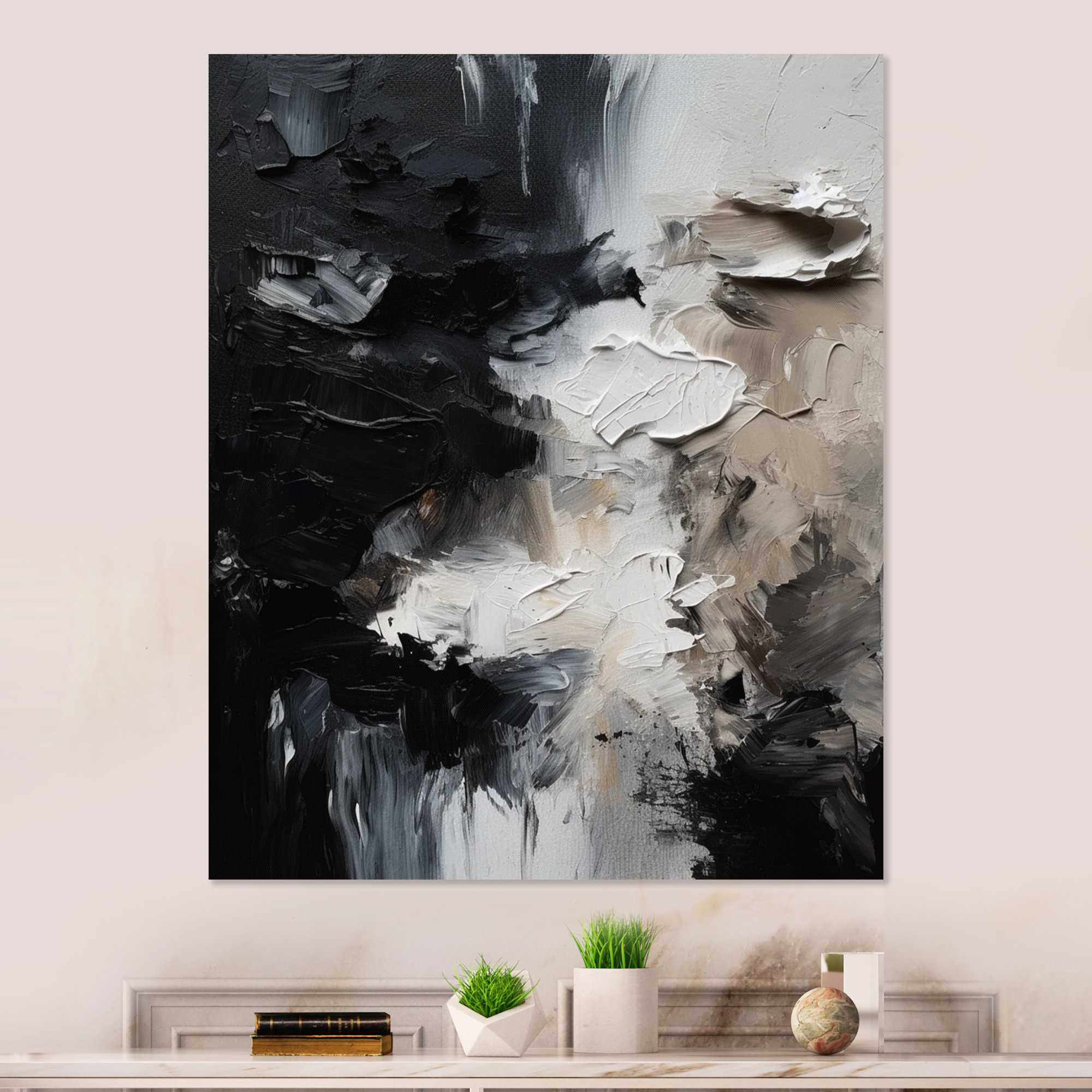 3 Panels Ink Canvas Print Black White Beige Wave Splash Abstract Art Wall Decor Oversized deals Reay to Hang